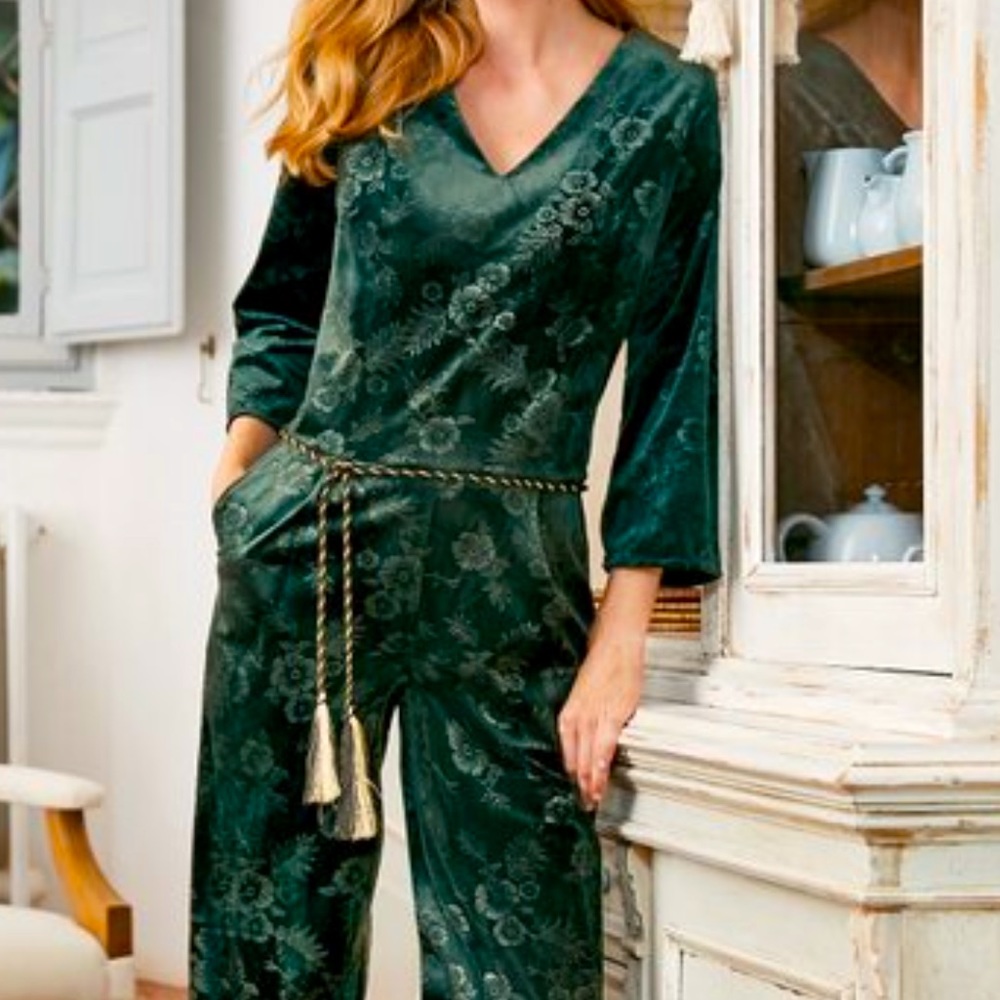 Soft Surroundings Embossed velvet v- neck jumpsuit